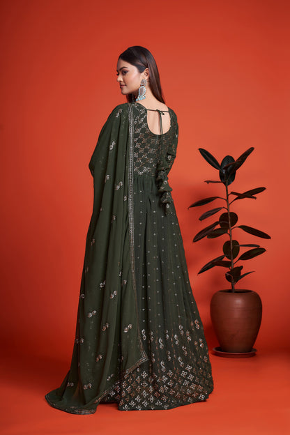 Mehendi Green Sequins Embroidery Georgette Anarkali for Mehendi