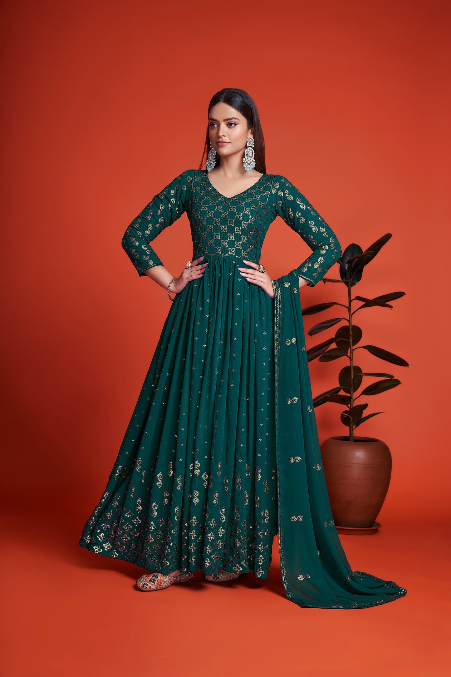 Rama Blue Sequins Embroidery Georgette Anarkali for Mehendi