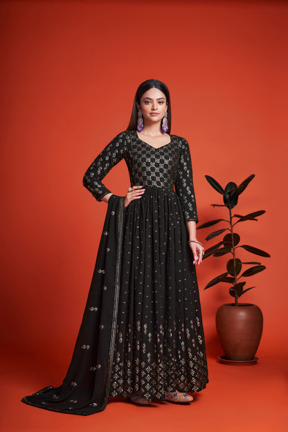 Black Sequins Embroidery Georgette Anarkali for Mehendi