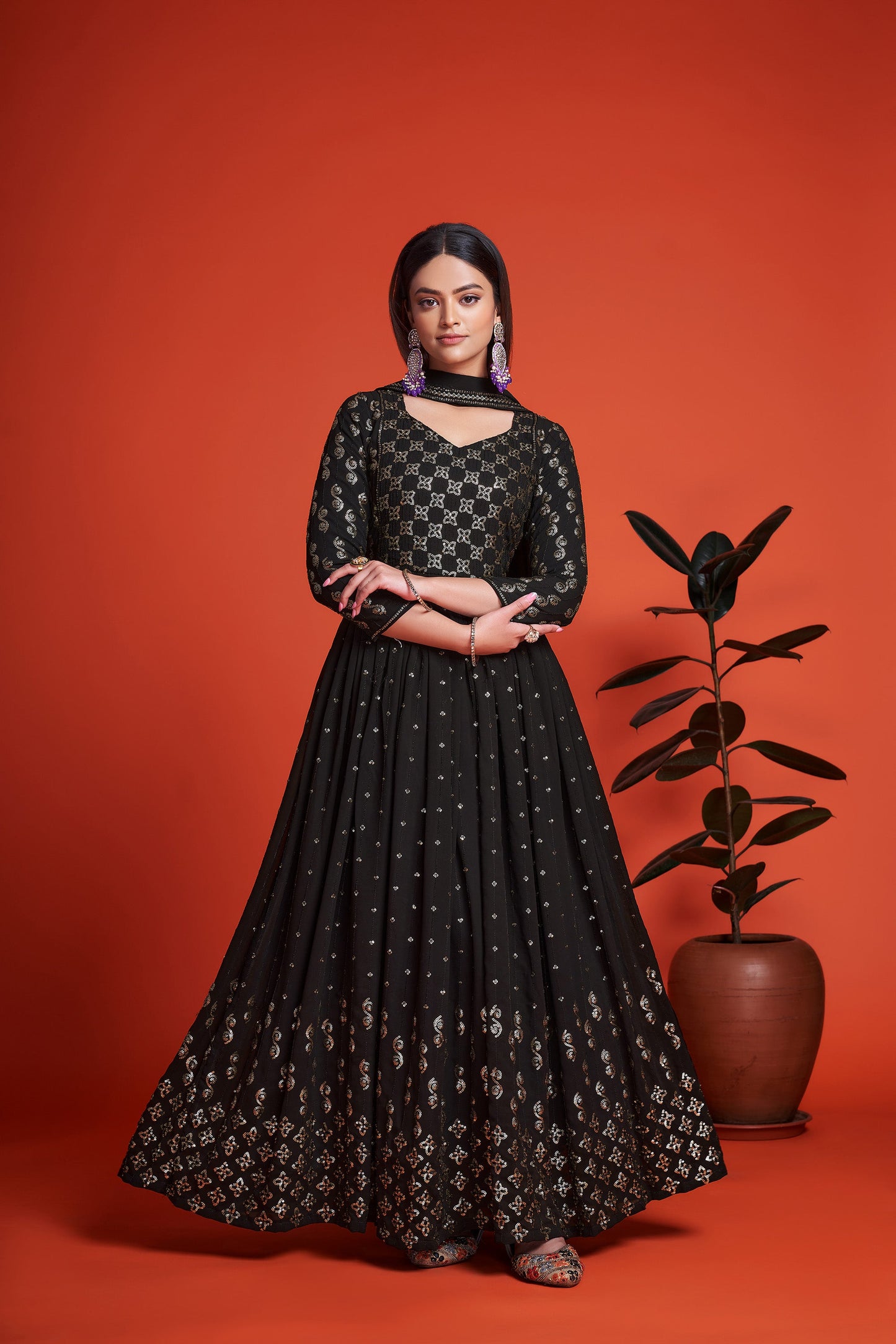 Black Sequins Embroidery Georgette Anarkali for Mehendi