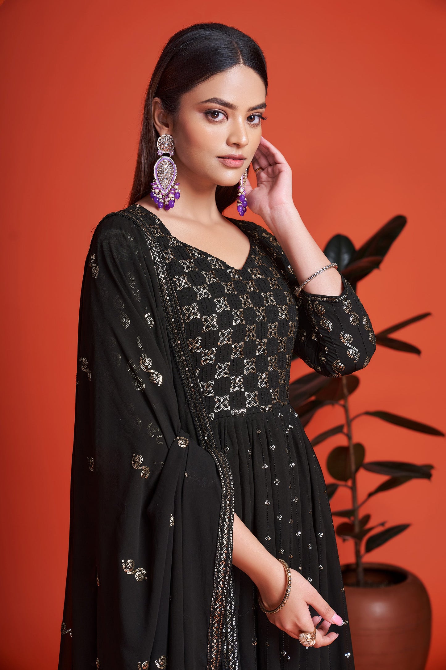 Black Sequins Embroidery Georgette Anarkali for Mehendi