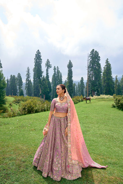 Mauve Silk Heavy Embroidered Lehenga Choli for Wedding - Rent