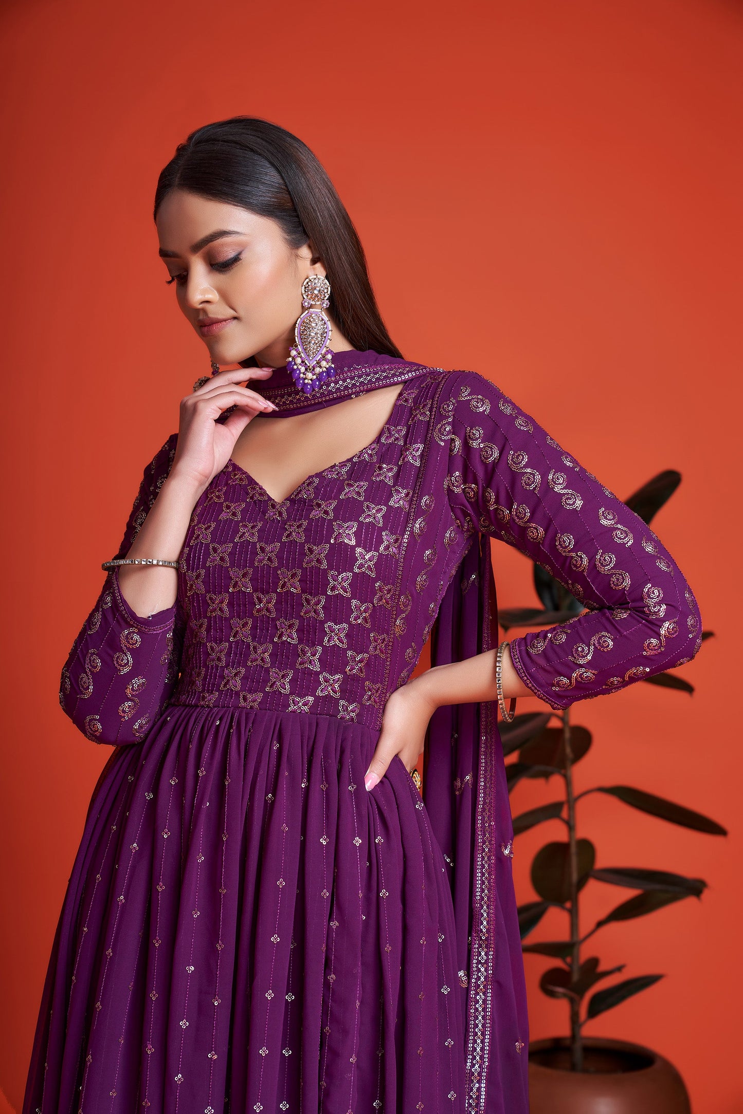 Purple Sequins Embroidery Georgette Anarkali for Mehendi