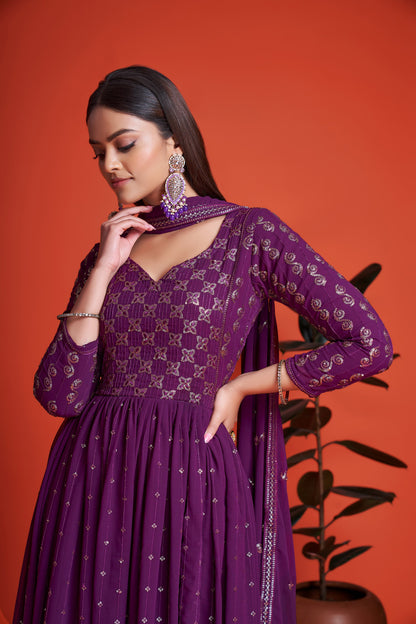 Purple Sequins Embroidery Georgette Anarkali for Mehendi