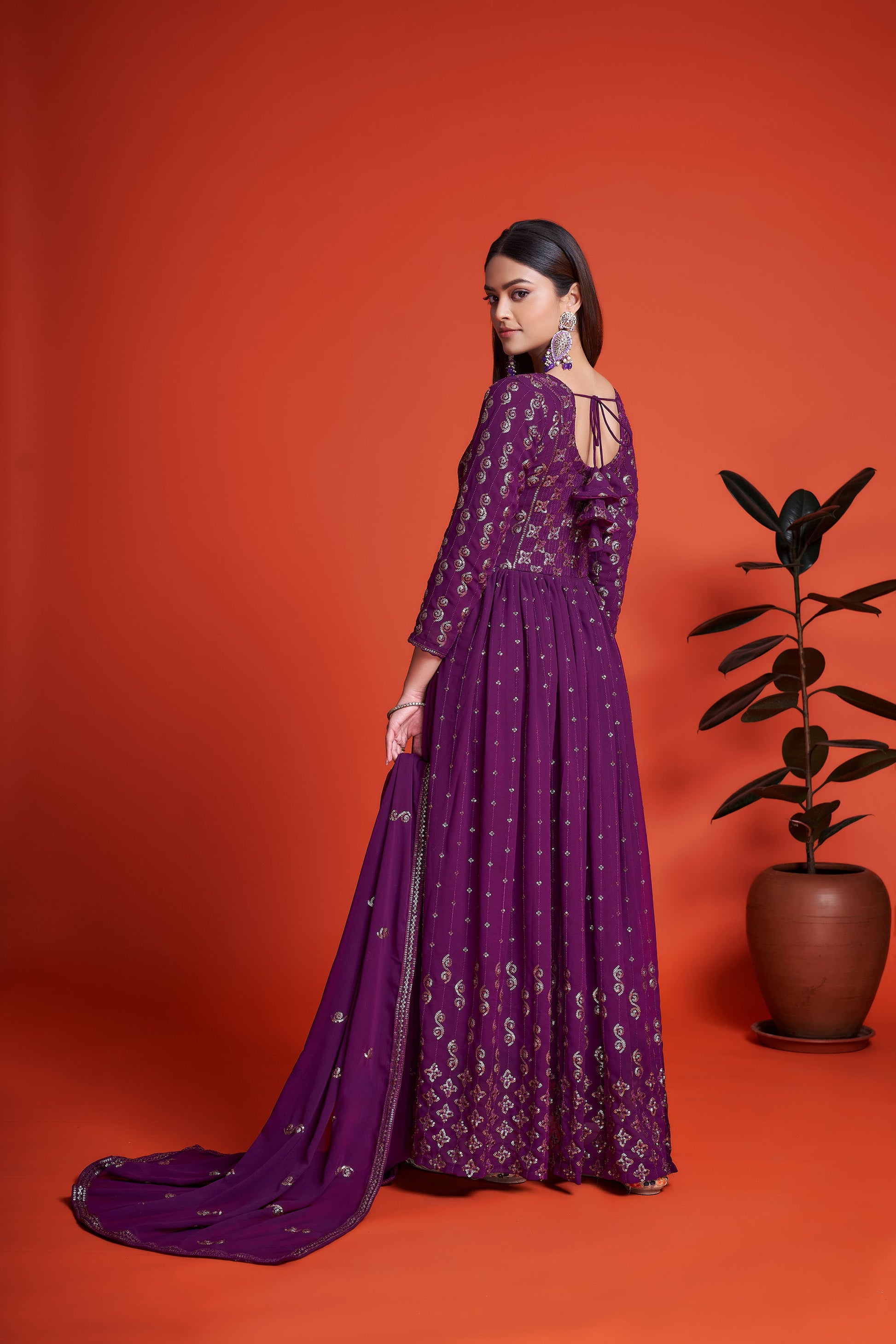 Purple Sequins Embroidery Georgette Anarkali for Mehendi