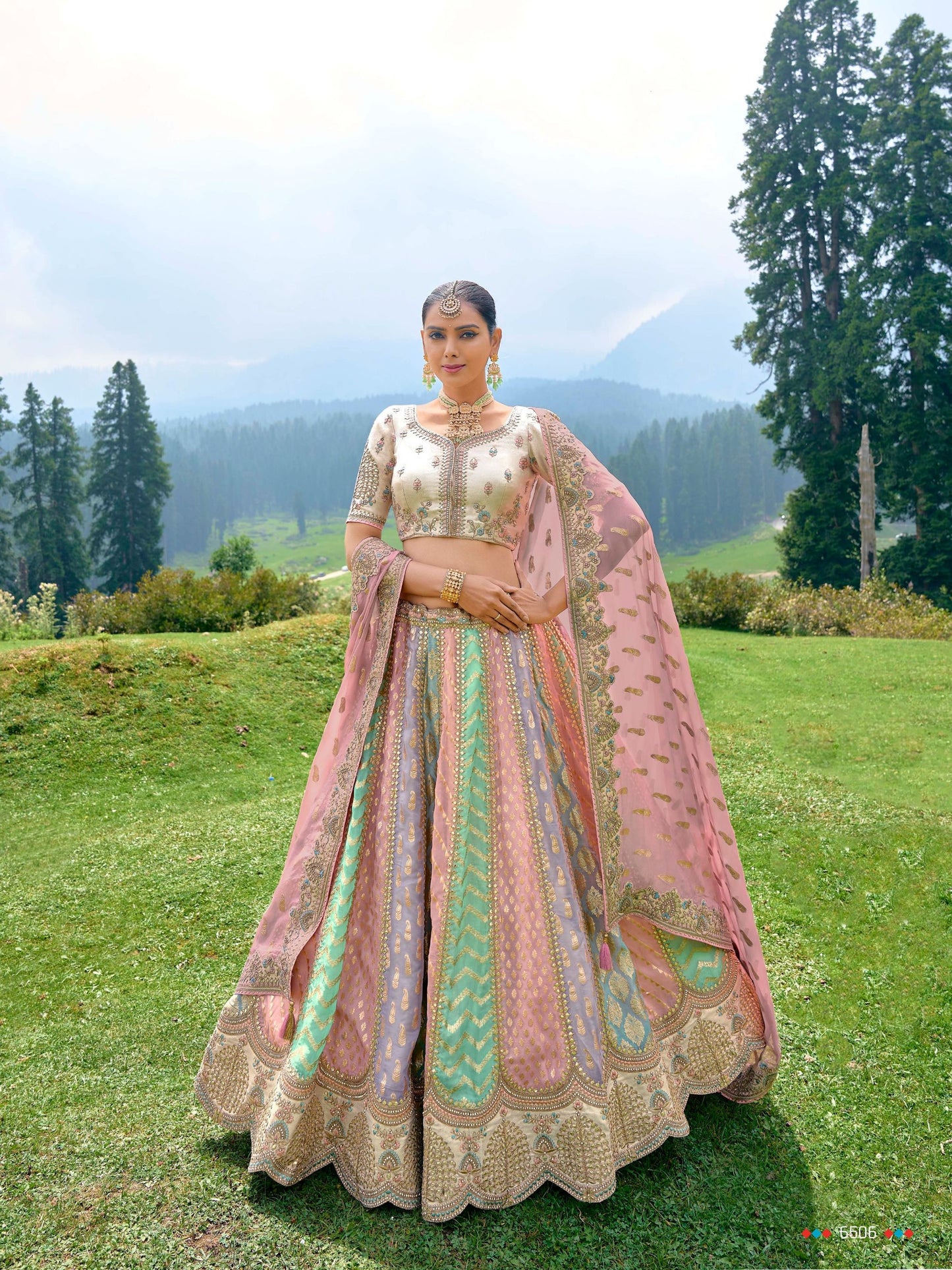 Multi Color Silk Heavy Embroidered Bridal Lehenga Choli - Rent