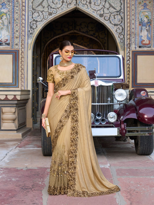 Brown Partywear Saree for Wedding Guest - Rent