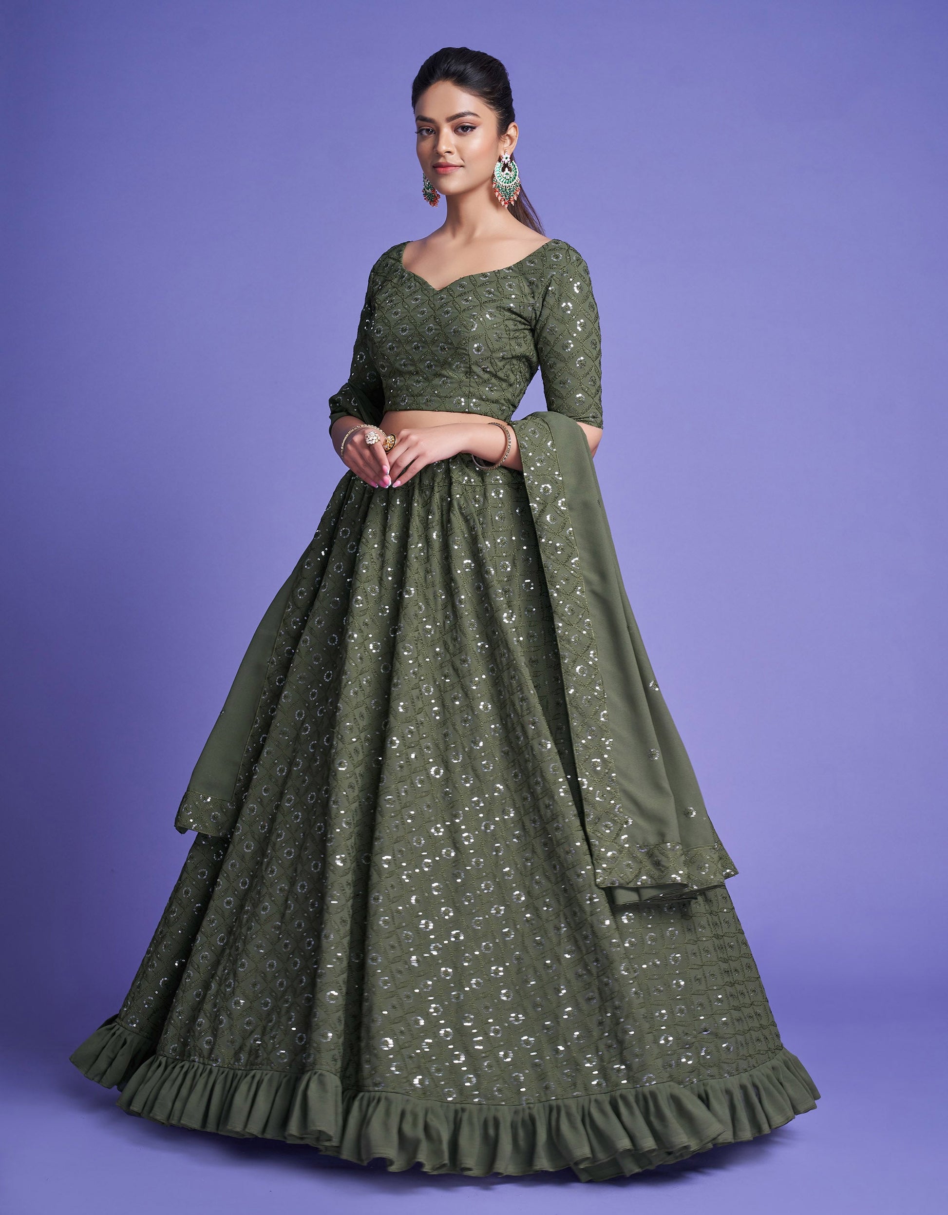 Green Diamond Georgette Sequins Work Mehendi Lehenga