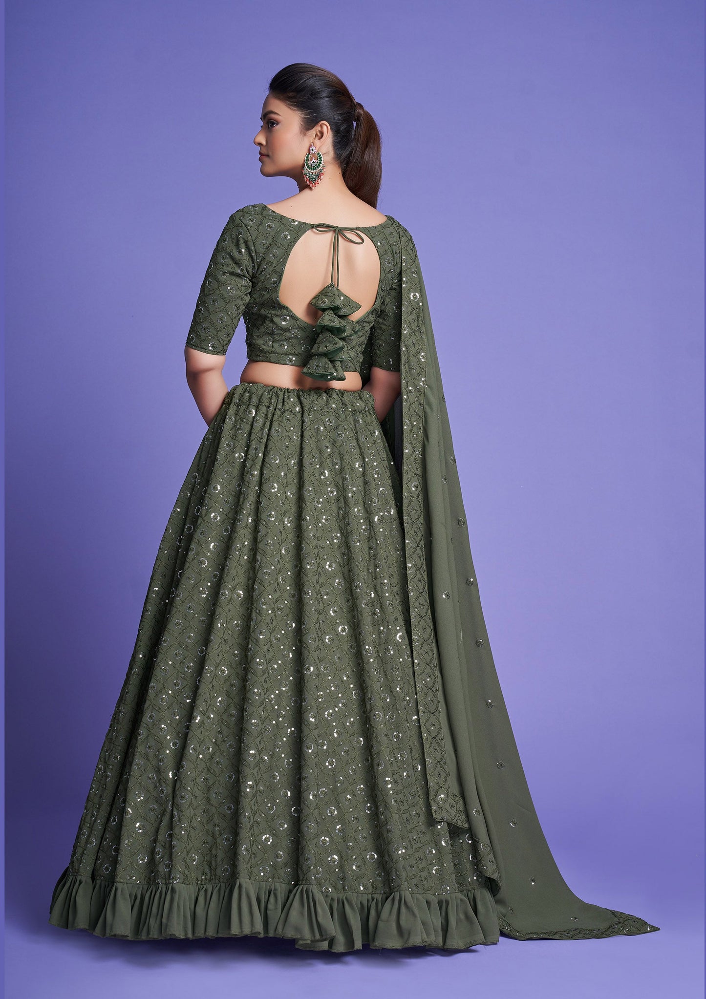 Green Diamond Georgette Sequins Work Mehendi Lehenga