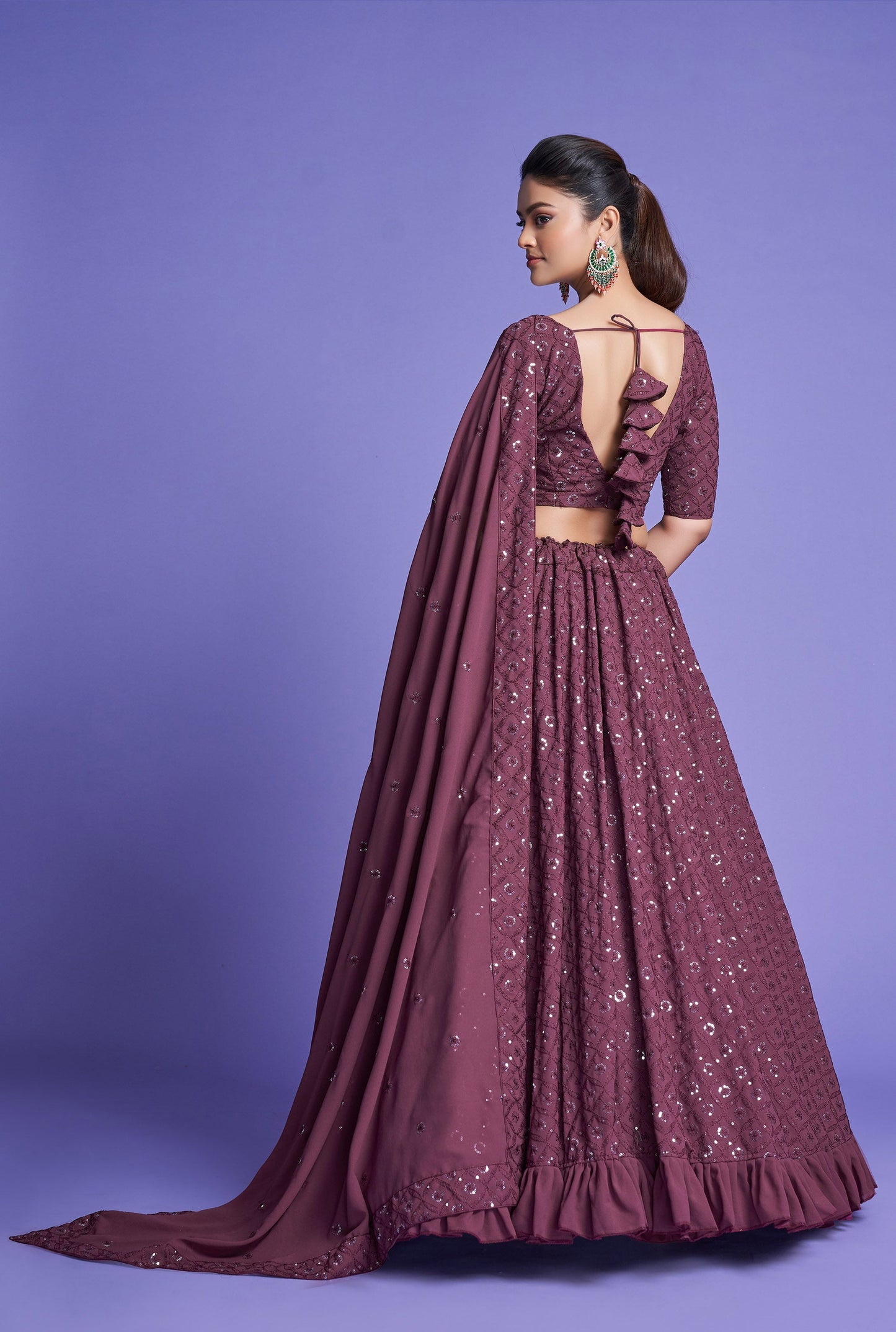 Mauve Diamond Georgette Sequins Work Mehendi Lehenga