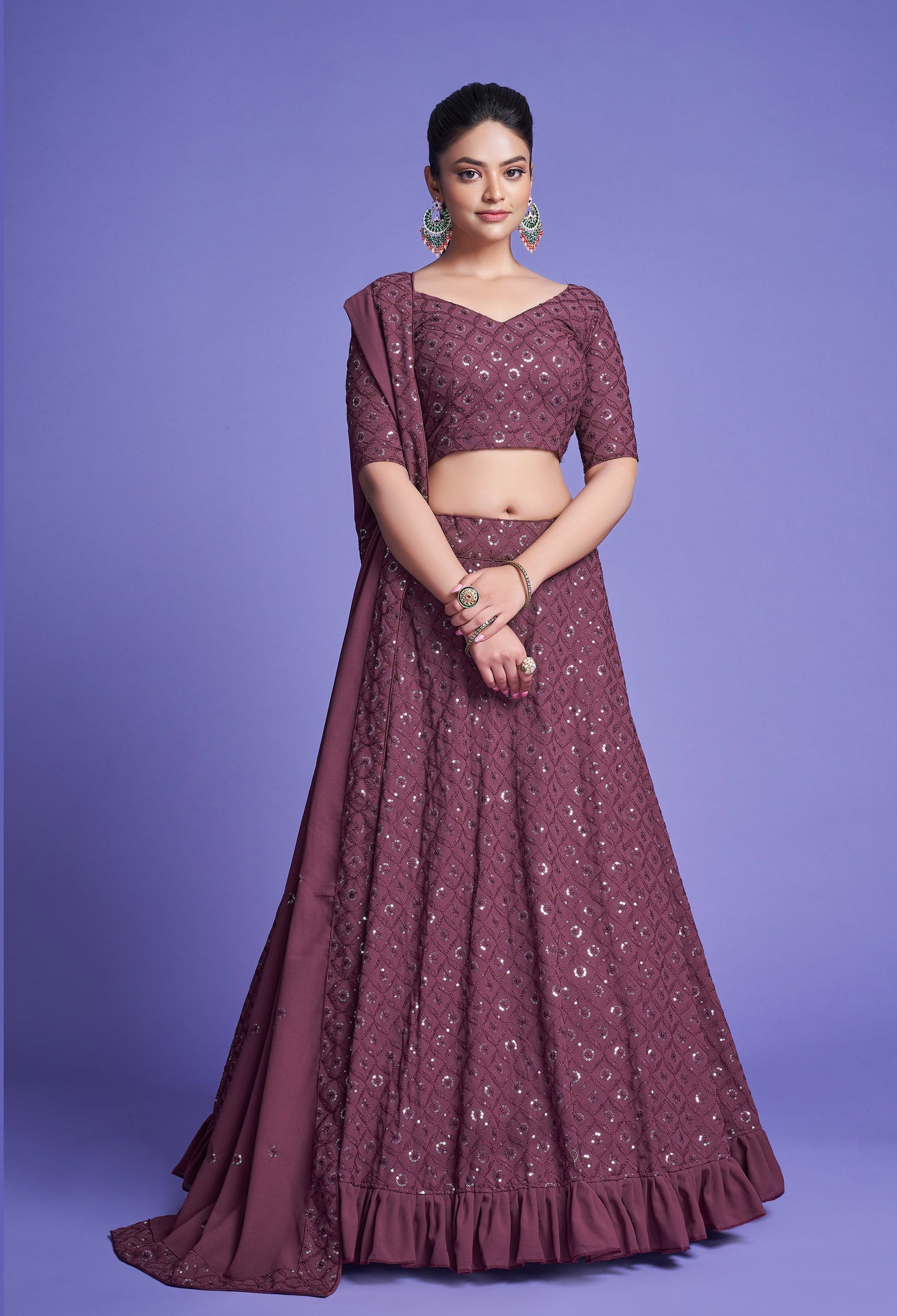 Mauve Diamond Georgette Sequins Work Mehendi Lehenga