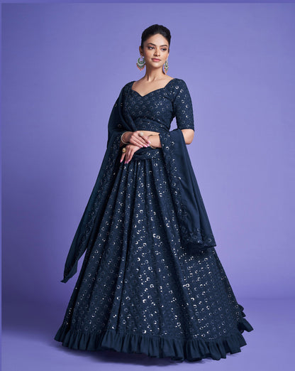 Teal Blue Diamond Georgette Sequins Work Bridesmaid Lehenga