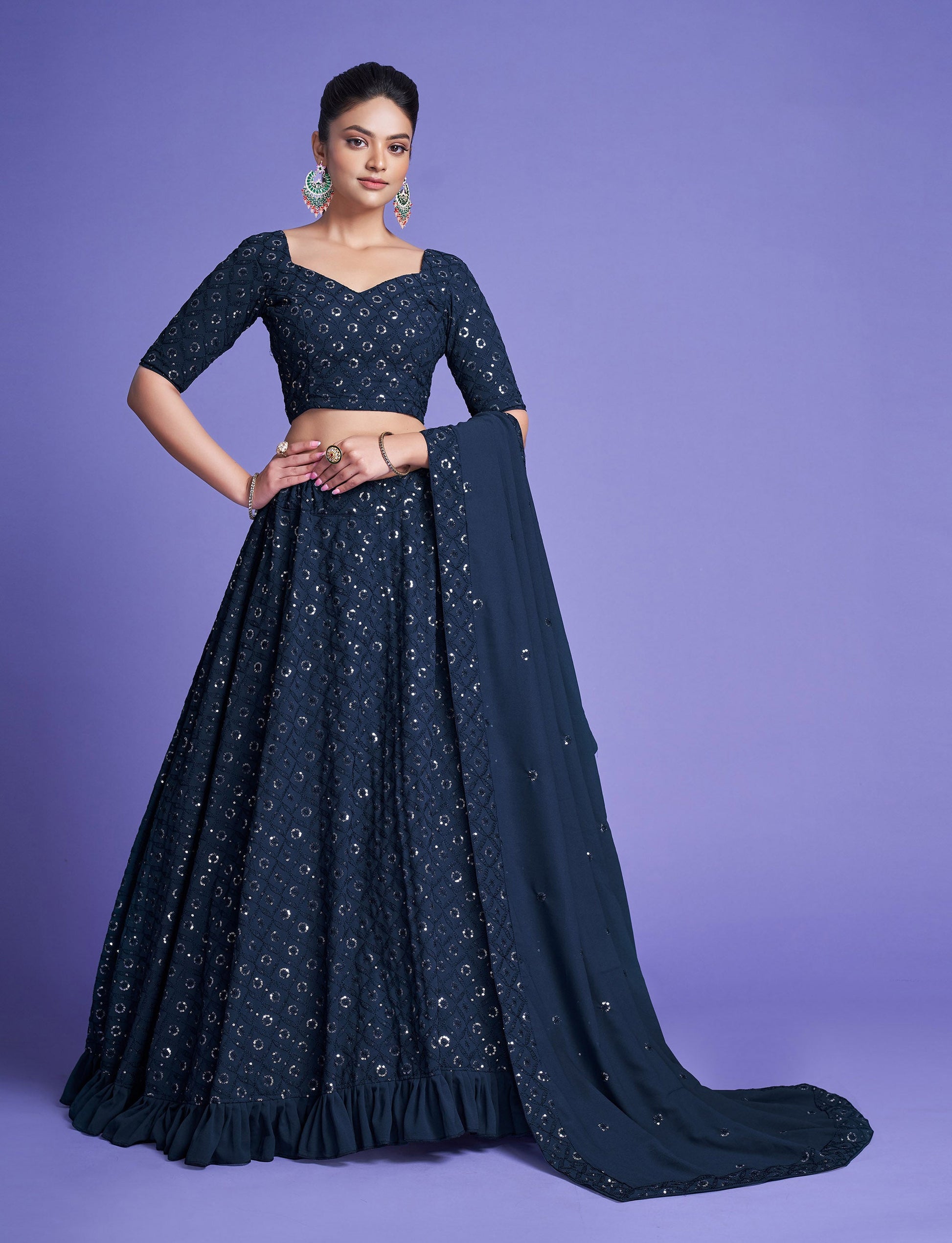 Teal Blue Diamond Georgette Sequins Work Bridesmaid Lehenga