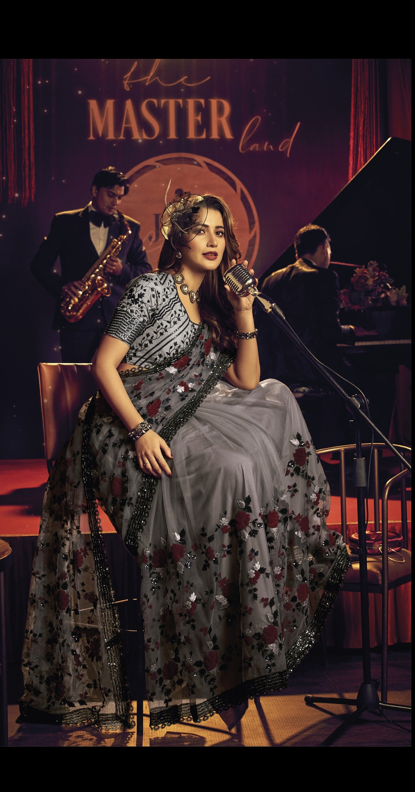 Dark Grey Heavy Thread Embroidery Net Saree for Cocktail