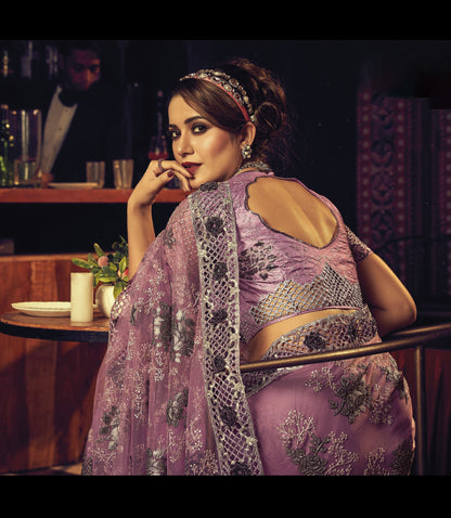 Pink Digital Floral Embroidery Digital Net Saree for Cocktail