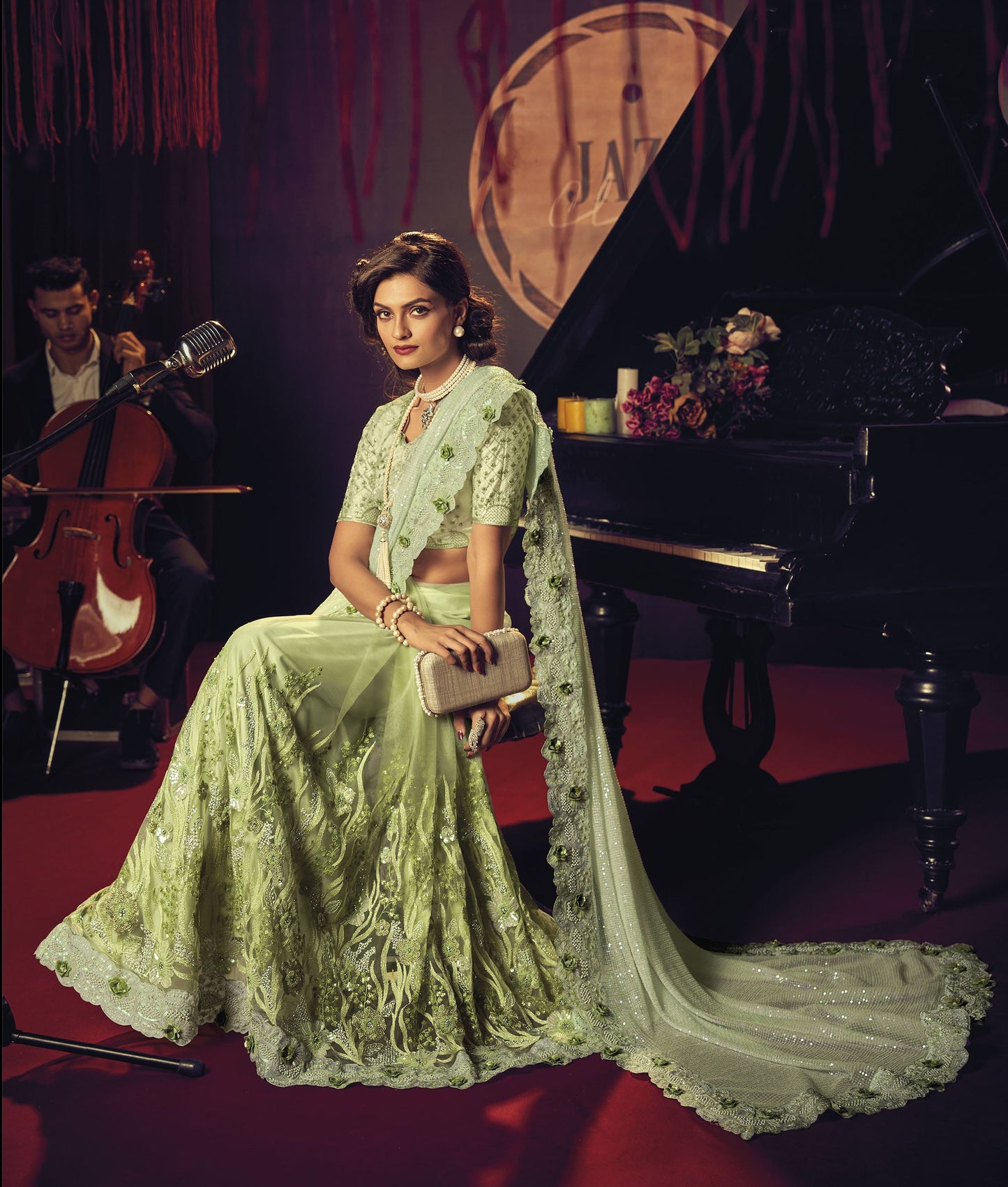 Pista Green Digital Floral Embroidery Digital Net Saree for Cocktail