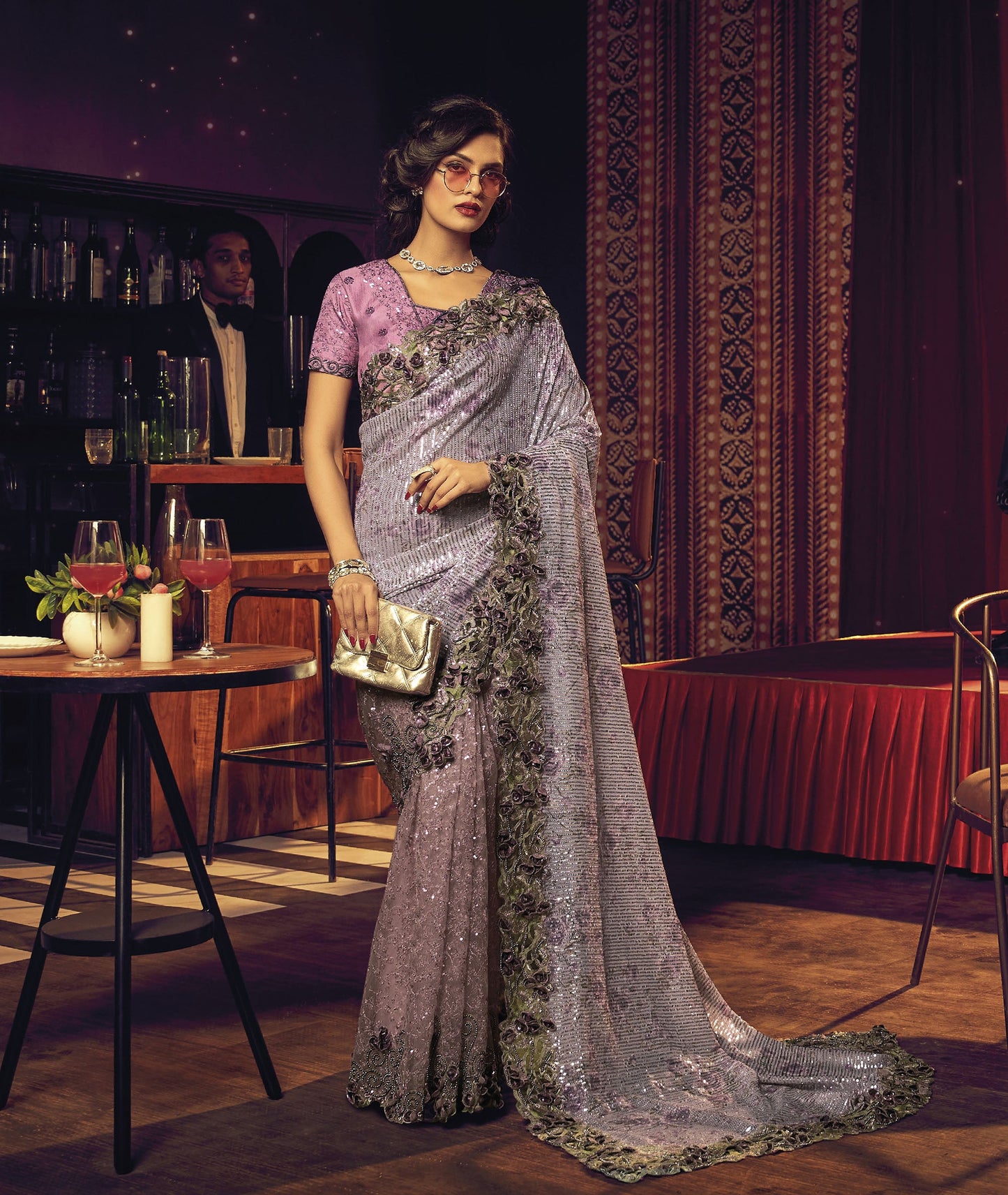 Purple Sequins Embroidery Digital Net Saree for Cocktail