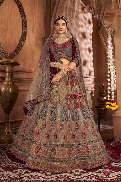 Chickoo Velvet Hand Embroidered Heavy Bridal Lehenga