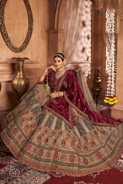 Chickoo Velvet Hand Embroidered Heavy Bridal Lehenga