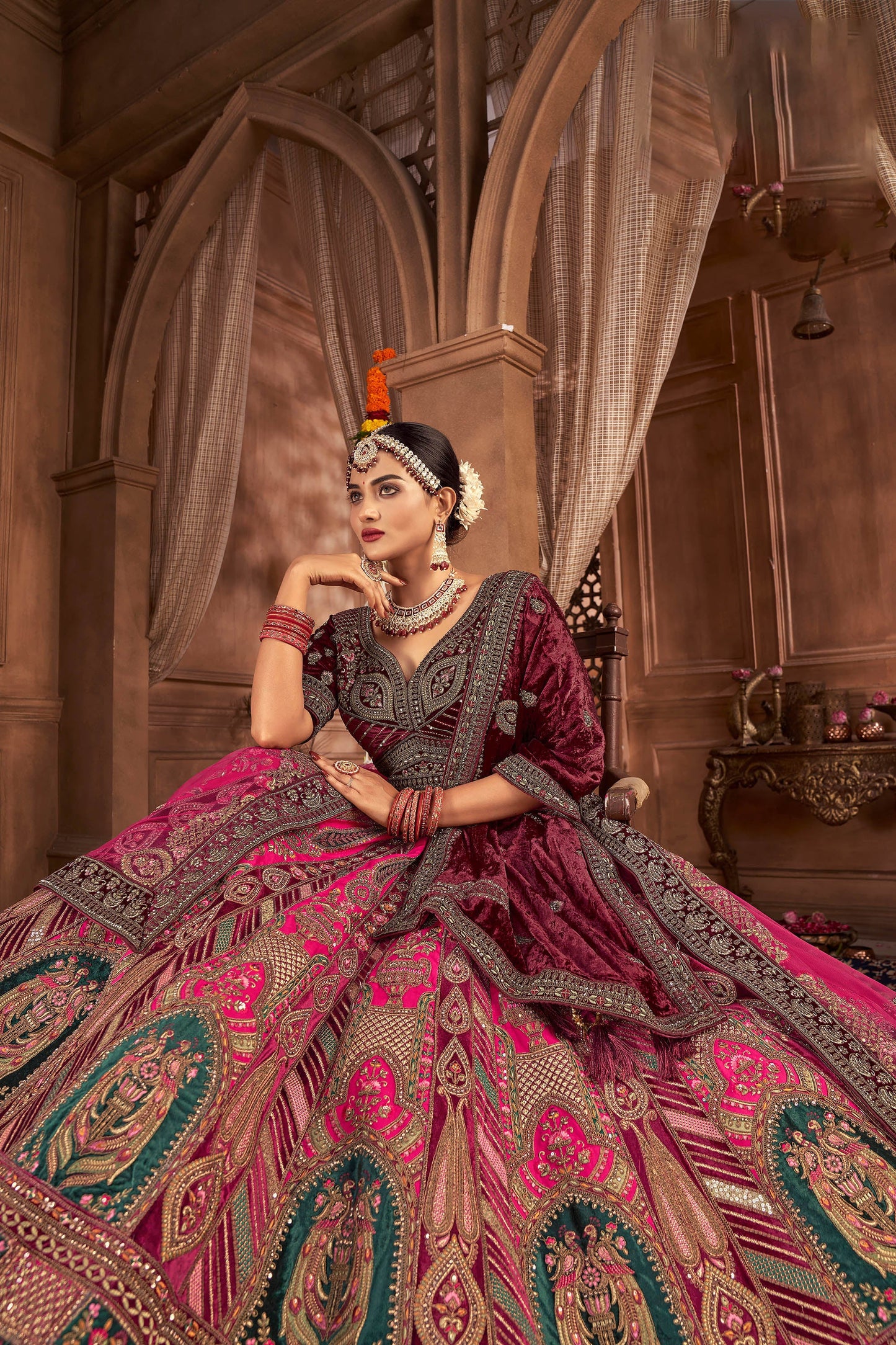 Rani Pink Velvet Hand Embroidered Heavy Bridal Lehenga