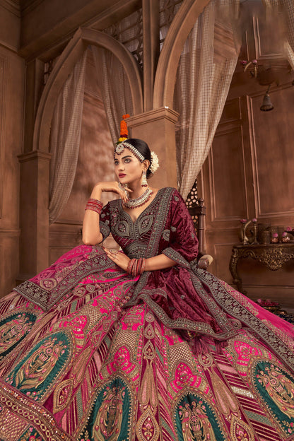 Rani Pink Velvet Hand Embroidered Heavy Bridal Lehenga