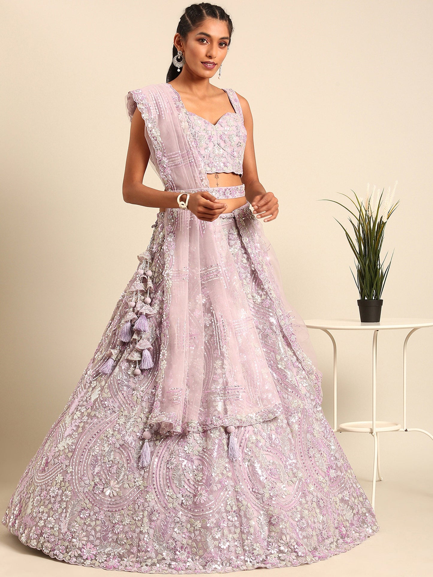 Lavender Net Sequins and Zarkan embroidery Lehenga