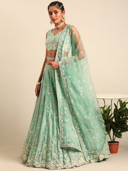 Sea Green Georgette Sequins Embroidery Lehenga