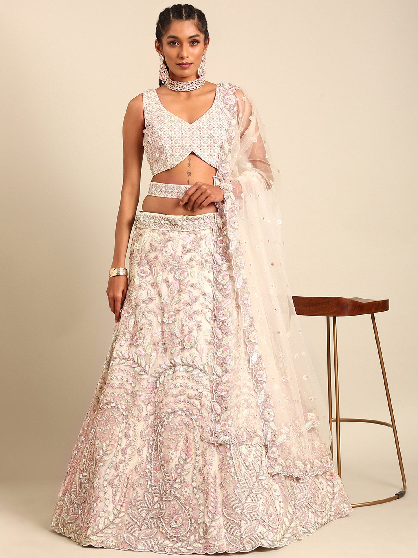 Cream Net Multi Sequins Embroidery Bridesmaid Lehenga