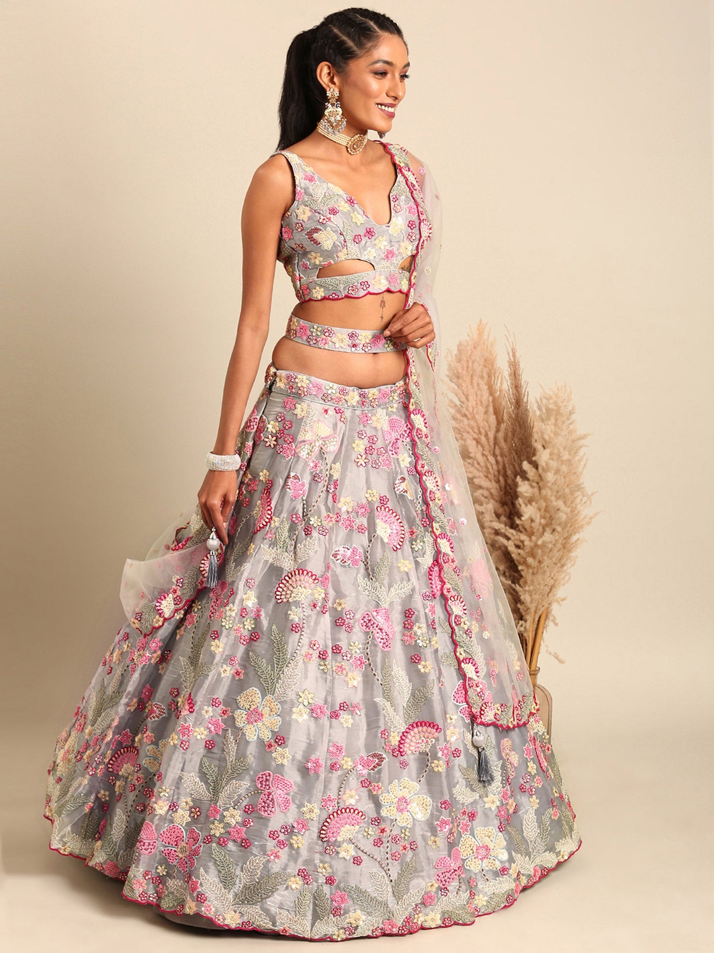 Grey Organza Sequins and Zarkan embroidery Lehenga