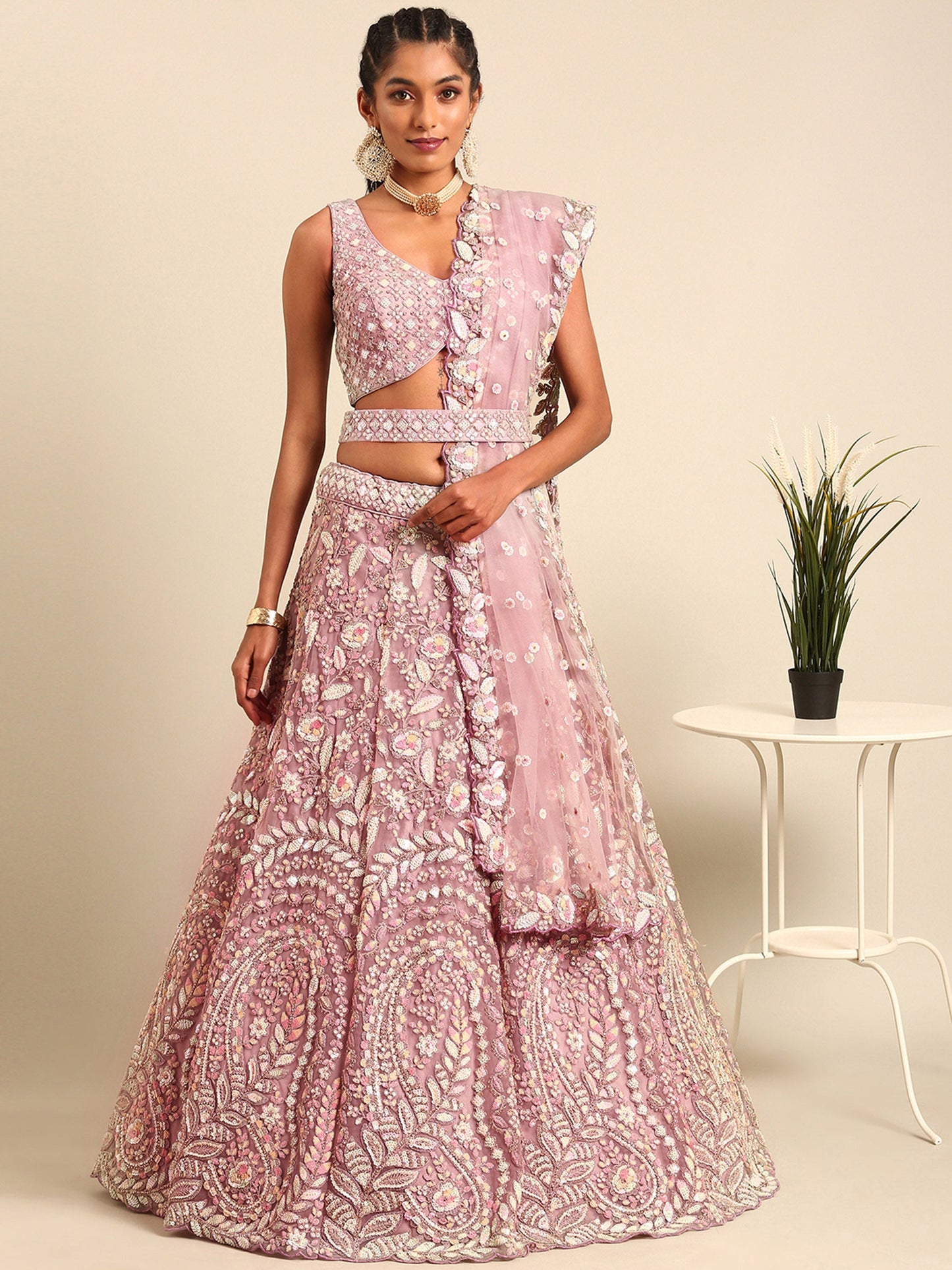 Mauve Net Multi Sequins Embroidery Bridesmaid Lehenga