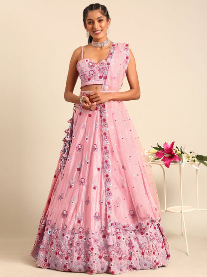 Peach Pure georgette Sequins, Zarkan and thread embroidery Lehenga