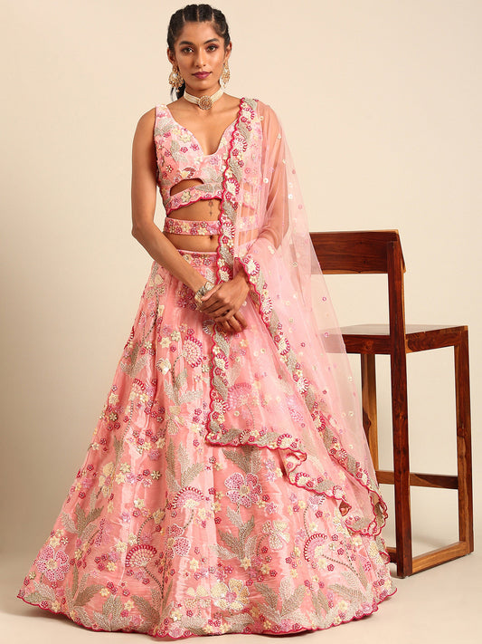 Pink Organza Sequins and Zarkan embroidery Lehenga