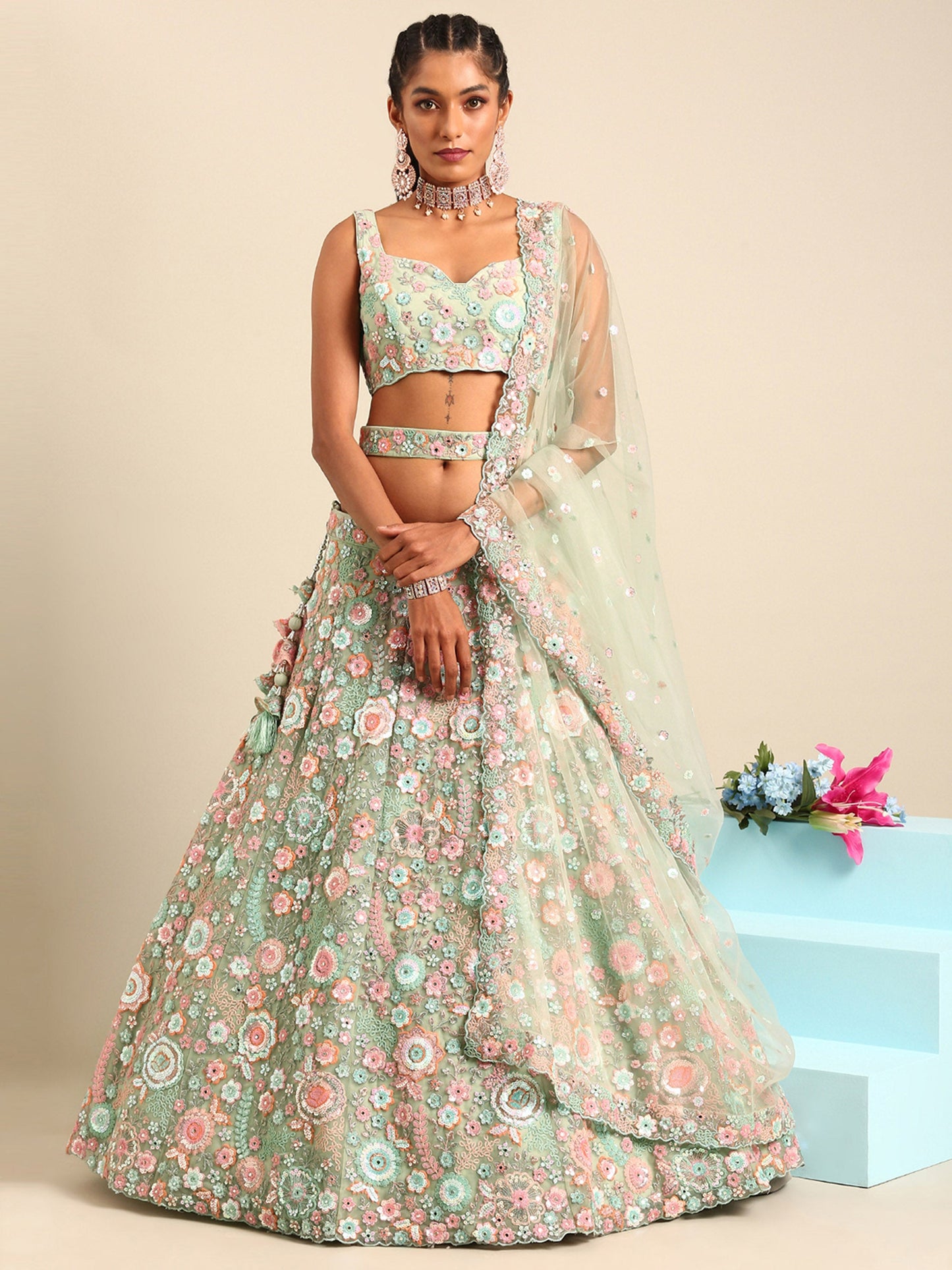 Lime Green Net Sequins, Mirror and thread embroidery Lehenga