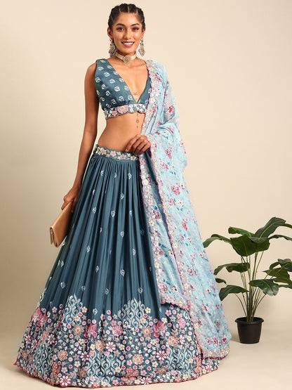 Teal Blue Chinon Sequins embroidery Lehenga