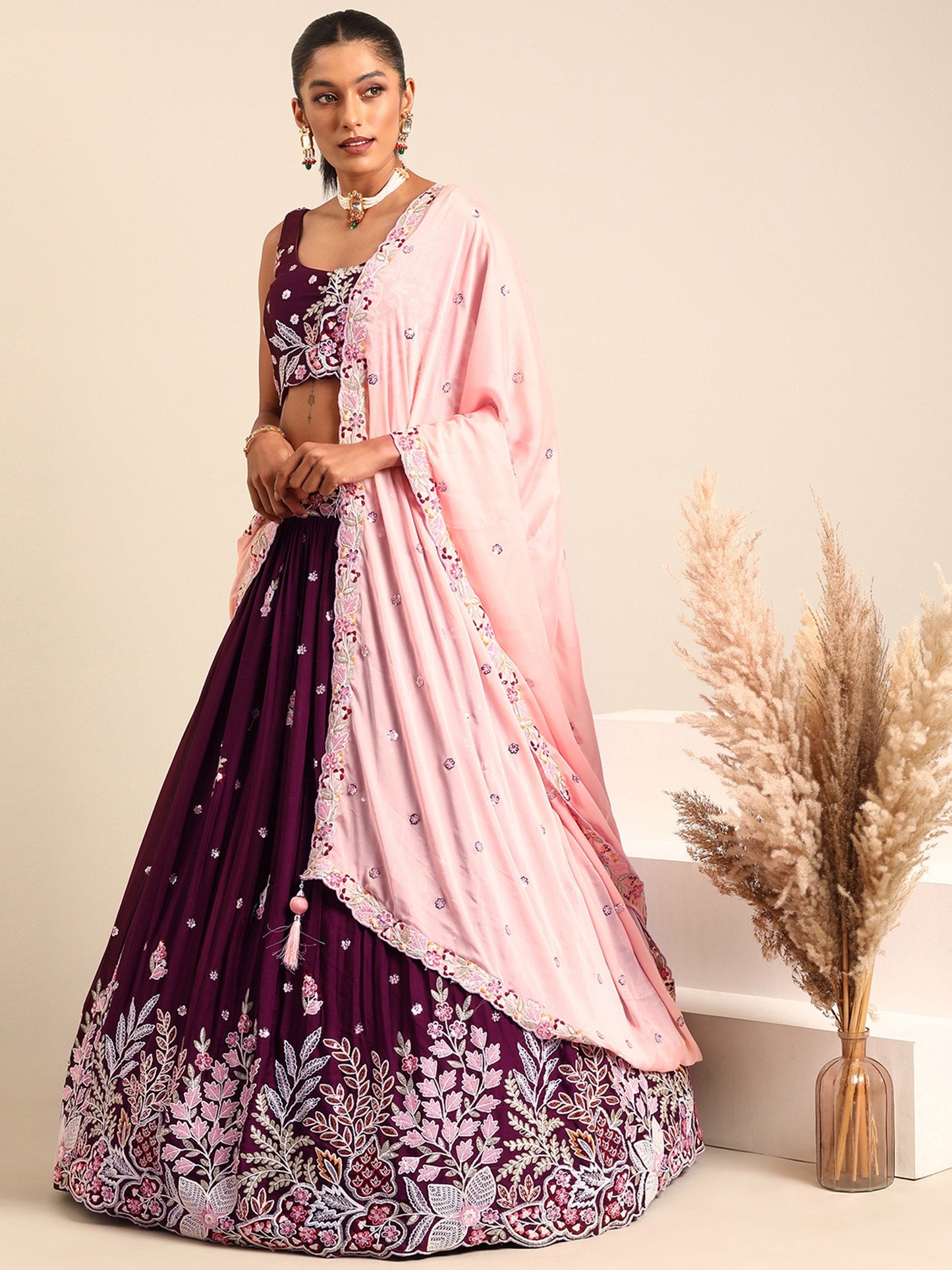 Burgundy Georgette Sequins and thread embroidery Lehenga