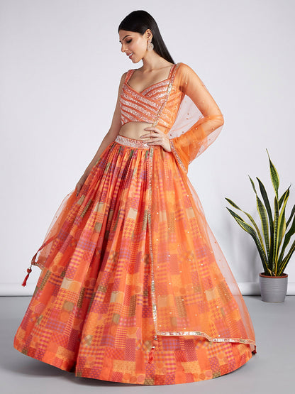 Orange colour Organza Treditional design digital print Lehenga