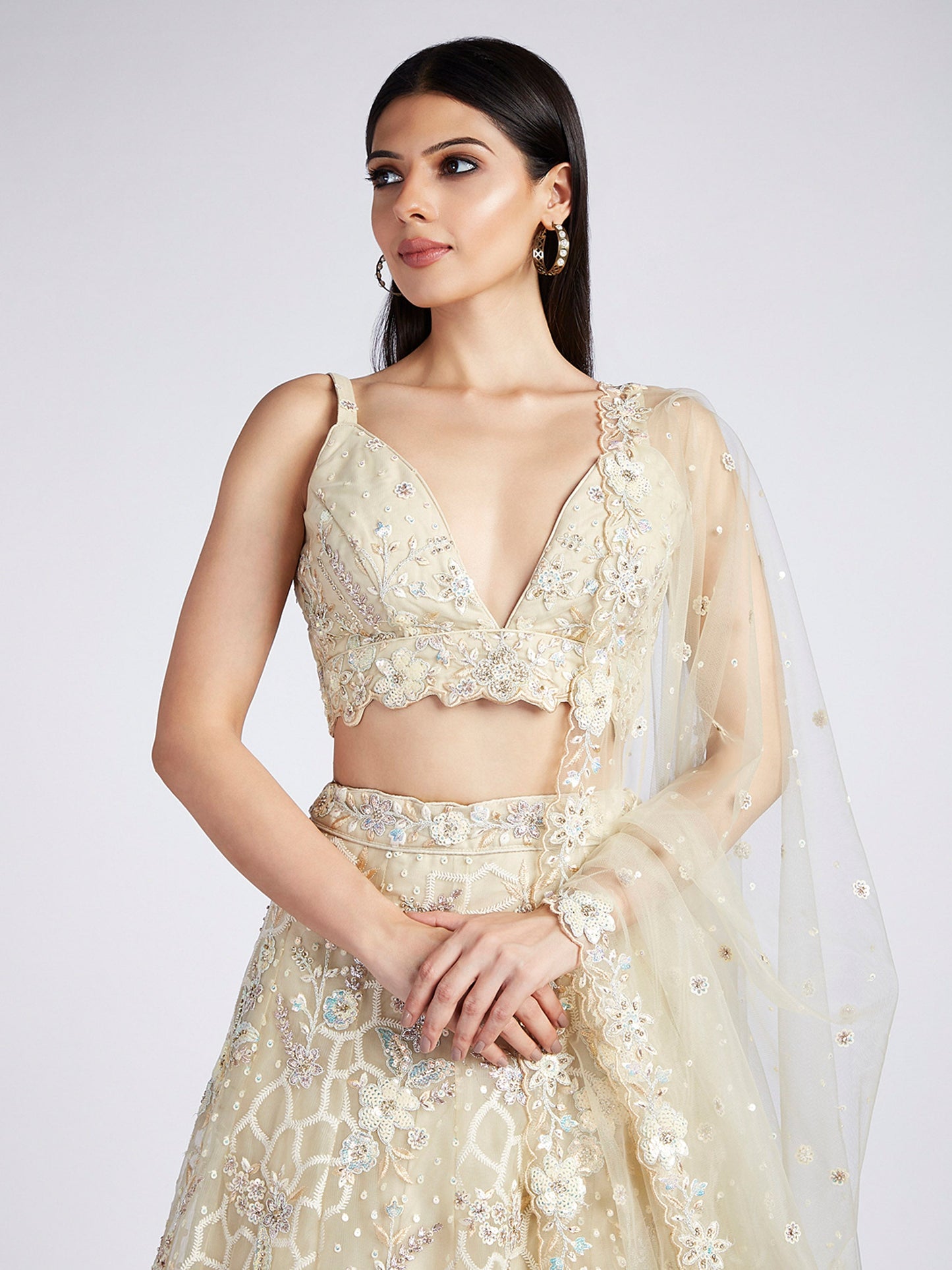 Cream Net Sequins & Zarkan Work Lehenga