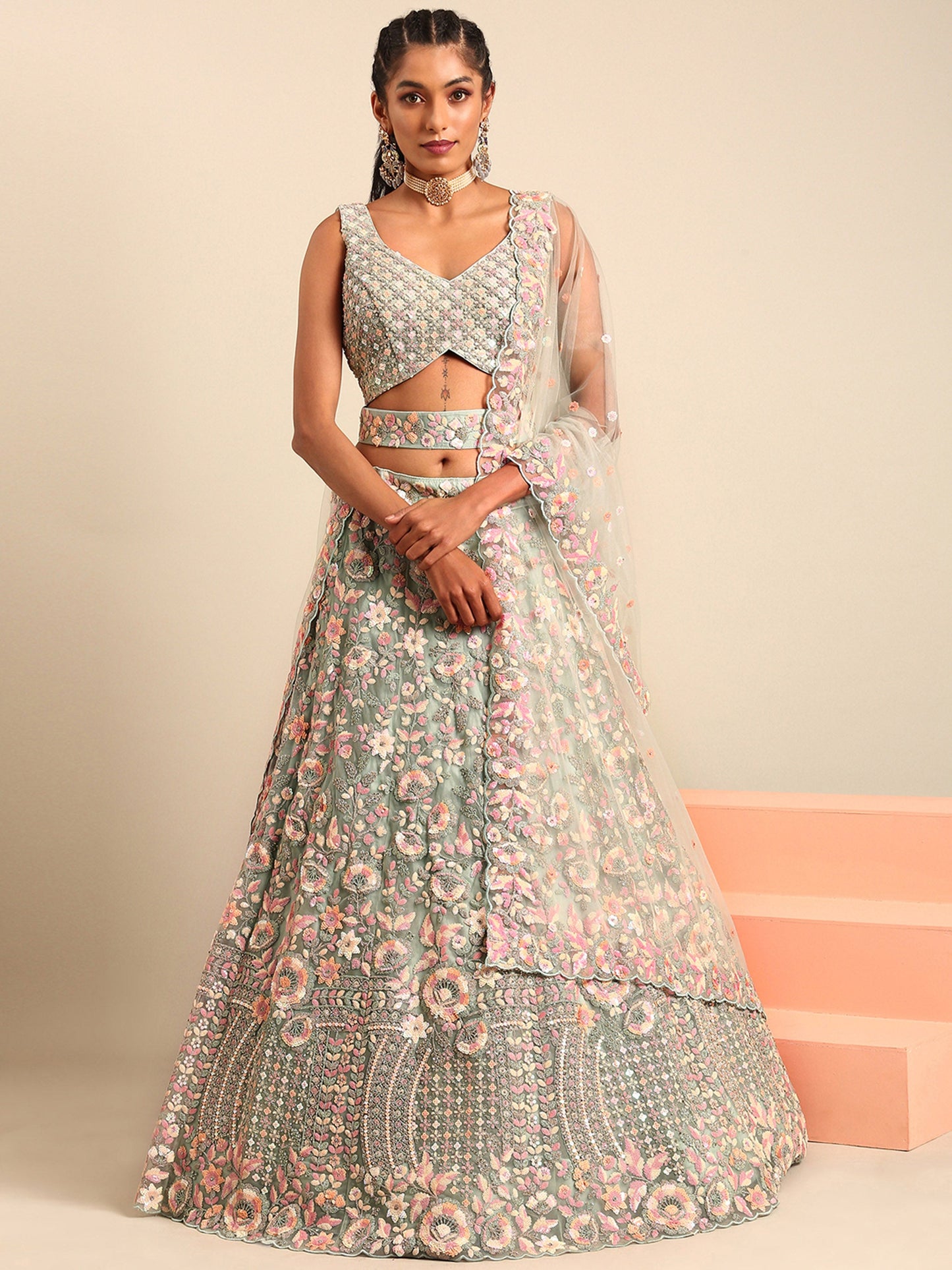 Sea green Net Multi Sequins& Zarkan embroidery Lehenga