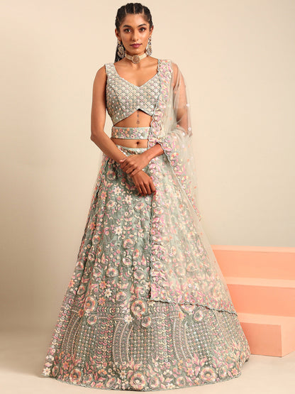 Sea green Net Multi Sequins& Zarkan embroidery Lehenga