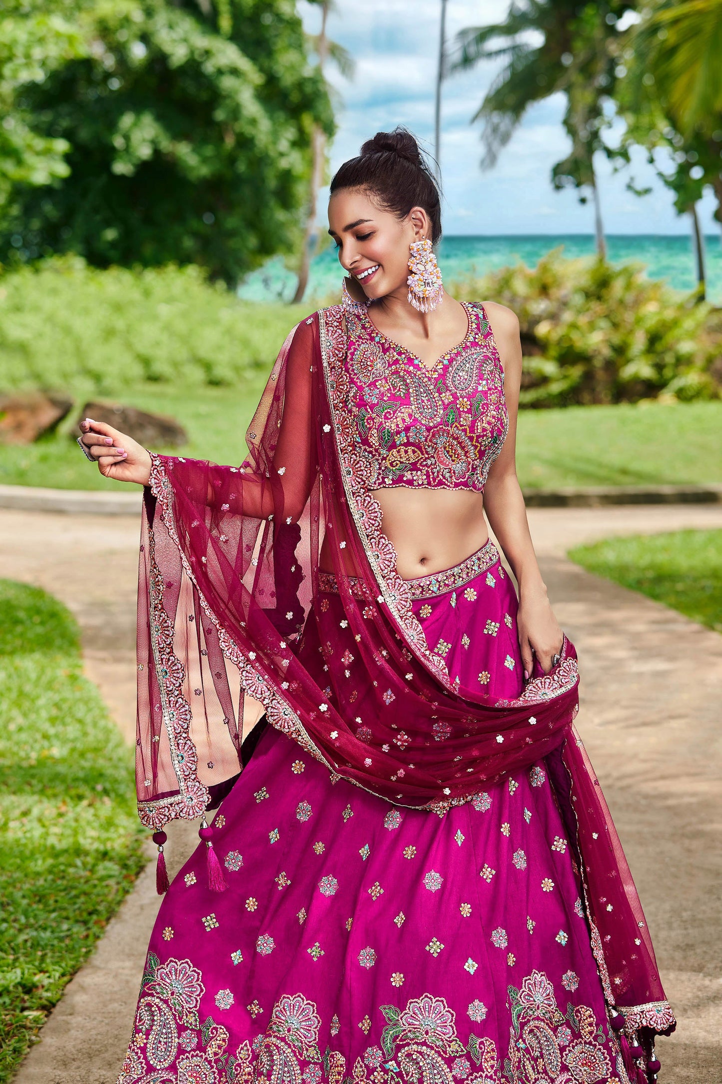 Burgundy Satin Silk Sequins and Zarkan embroidery Lehenga