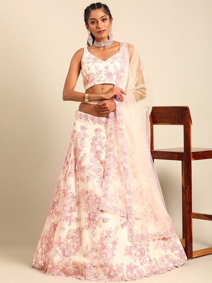 Cream Net Sequins with heavy Zarkan embroidery Lehenga