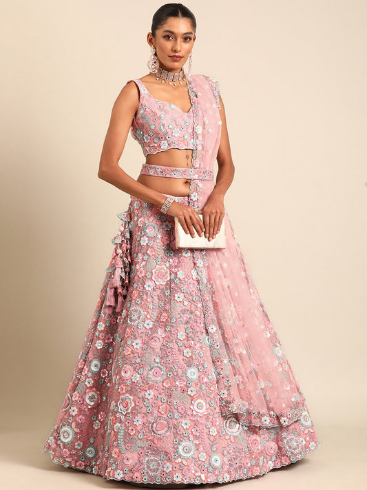 Pink Net Sequins, Mirror and thread embroidery Lehenga