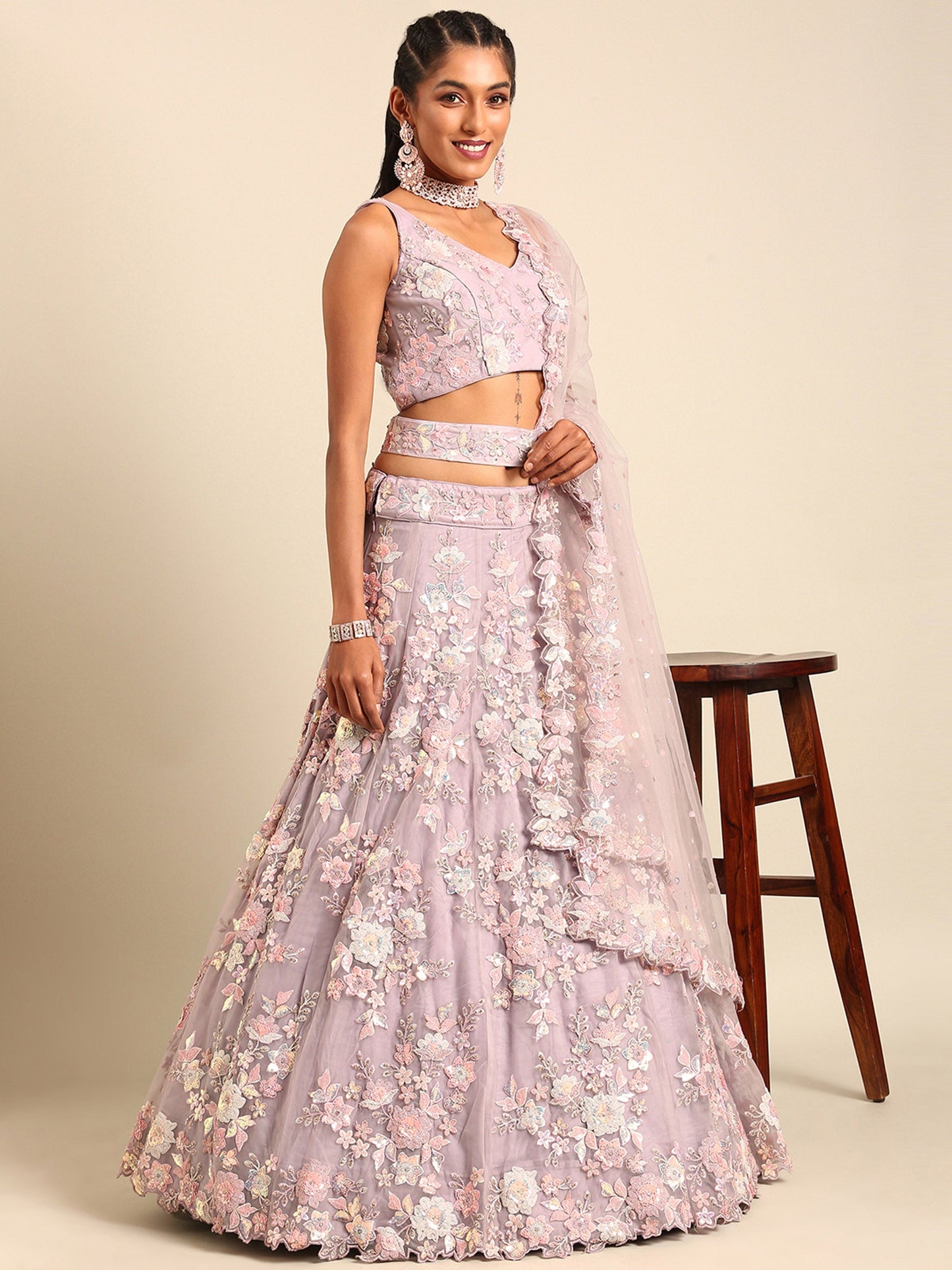 Mauve Net Zarkan embroidery Lehenga