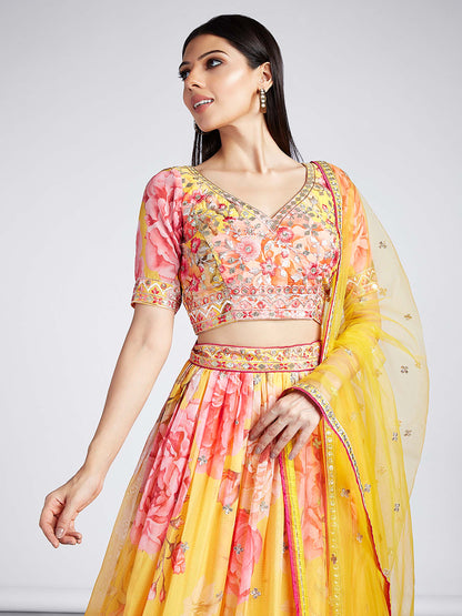 Yellow colour Organza Floral design digital print Lehenga choli