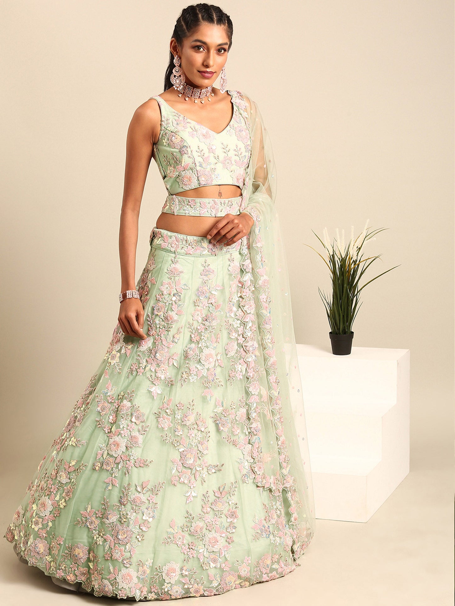 Lime Green Net Sequins Zarkan embroidery Lehenga