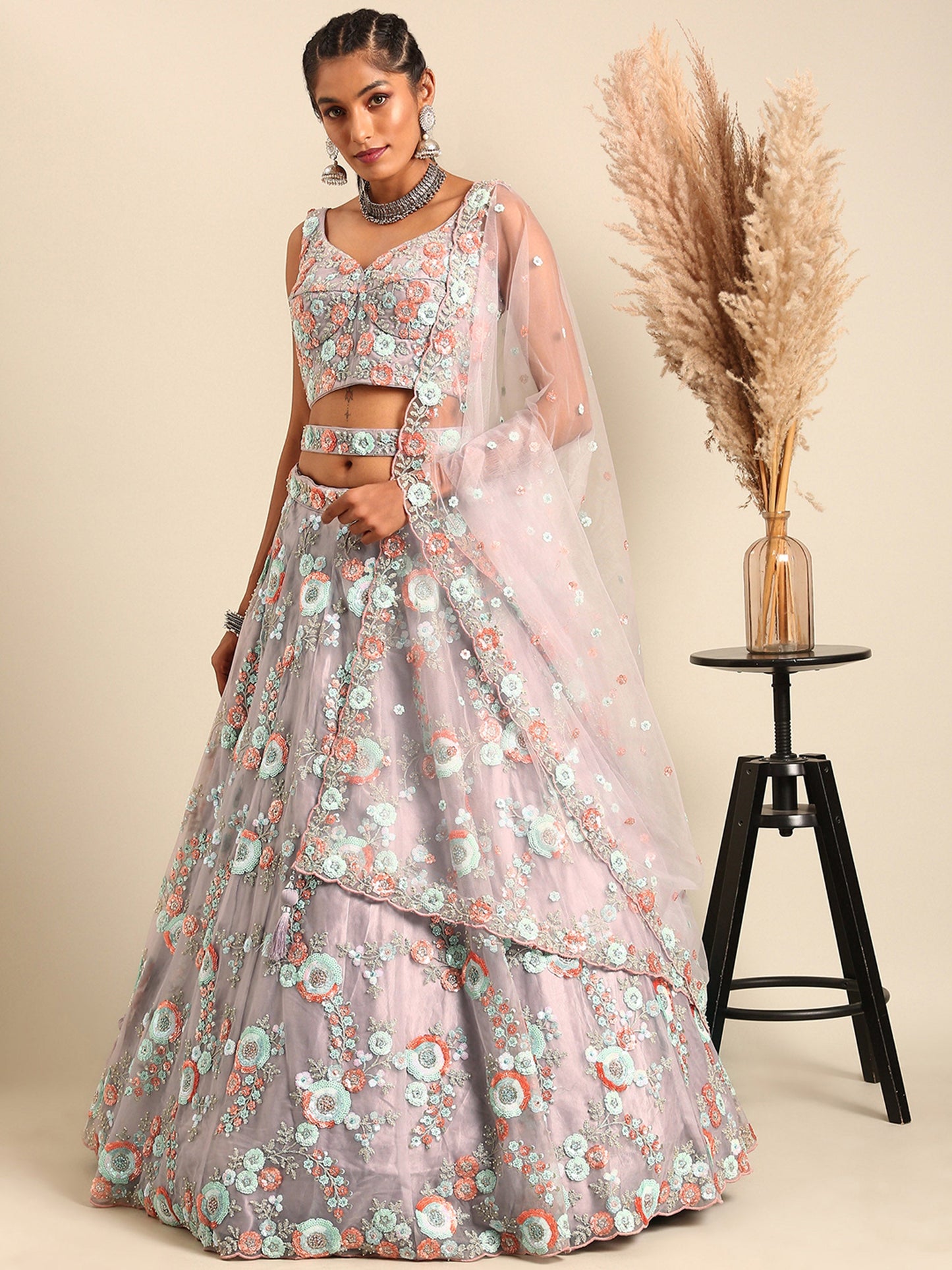 Mauve Net Sequins & Zarkan embroidery Lehenga