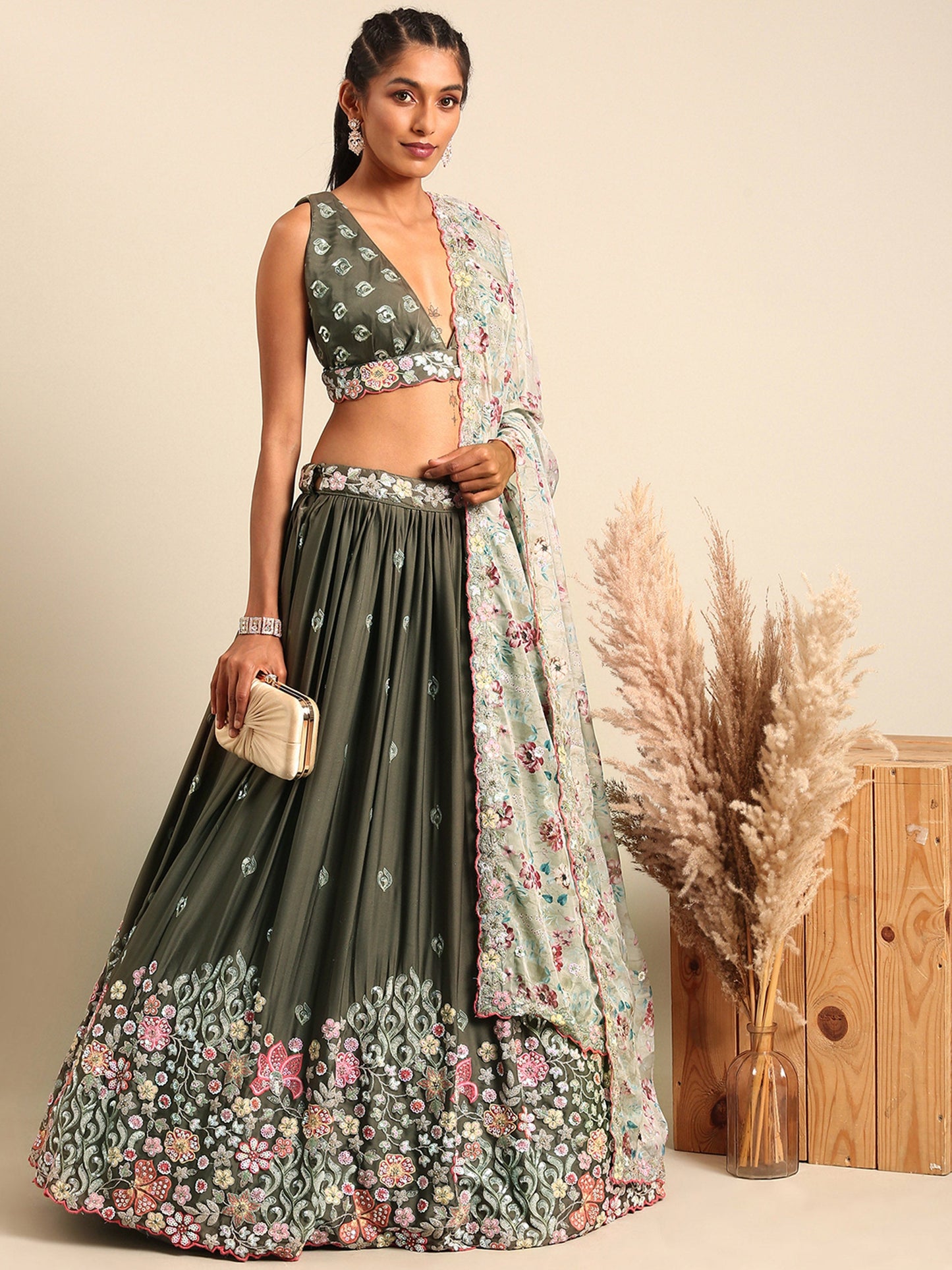 Olive Chinon Sequins embroidery Lehenga