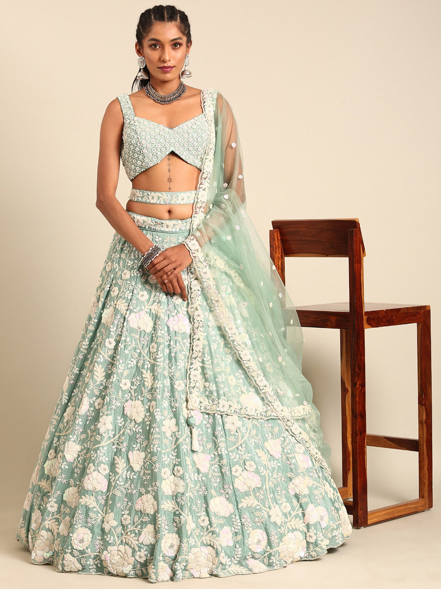 Sea Green Chinon Sequins and Zarkan embroidery Lehenga