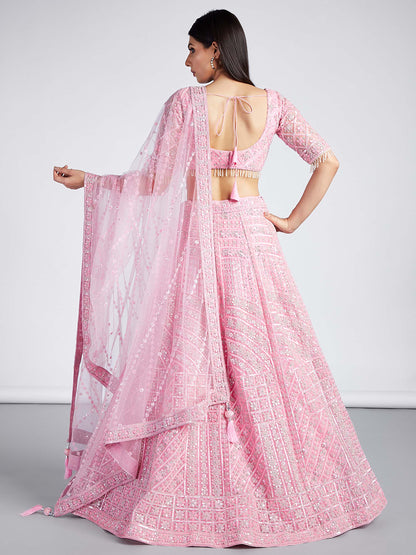 Pink Net Sequins, Zarkan and thread embroidery Lehenga choli & Dupatta