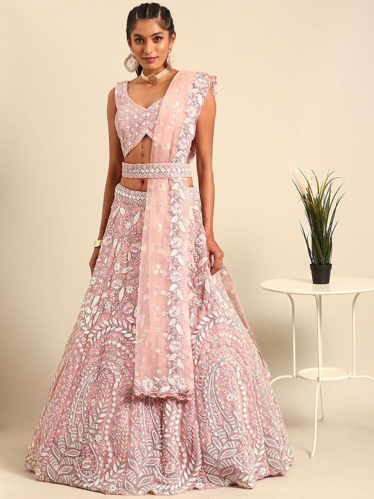 Pink Net Multi Sequins & Zarkan Embroidery Bridesmaid Lehenga